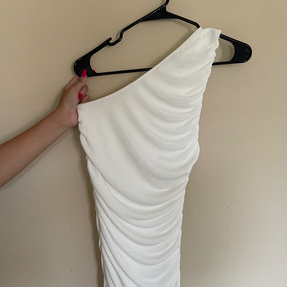White Ruched One Shoulder Dress